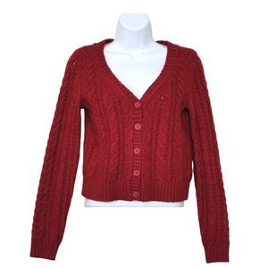 American Eagle Size XS Y2K Christmas Valentine's Cropped Red Cardigan Cable Knit